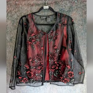 Virgo Petite Sheer Floral Mesh Top | Red & Black Romantic Blouse